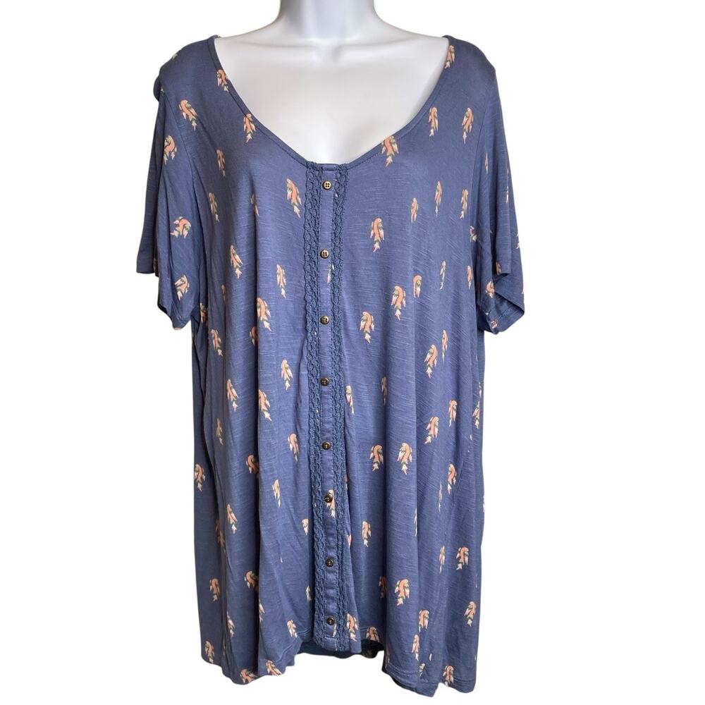 Ulla Popken Women's Blue Feather Print Button Front Tunic Top Size 16 Boho Flowy
